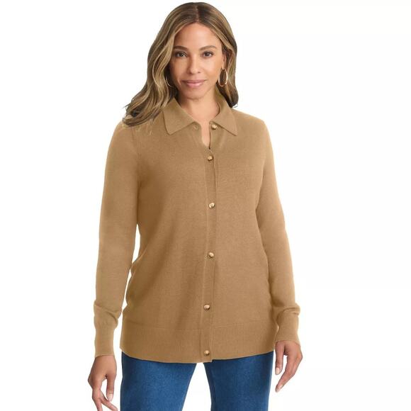 Jessica London Women's Size 1X Cashmere Blend Tan Collared Button Up Cardigan - Picture 1 of 5